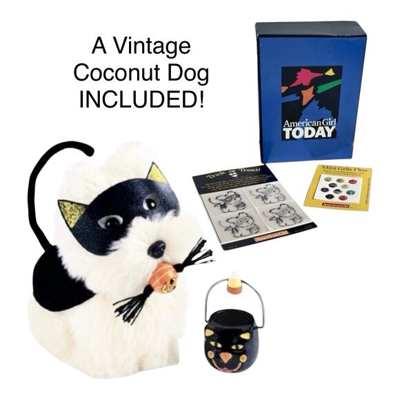 VTG American Girl COCONUT DOG + KITTY COSTUME Halloween Cape Pumpkin Toy Bucket+ - Picture 1 of 14
